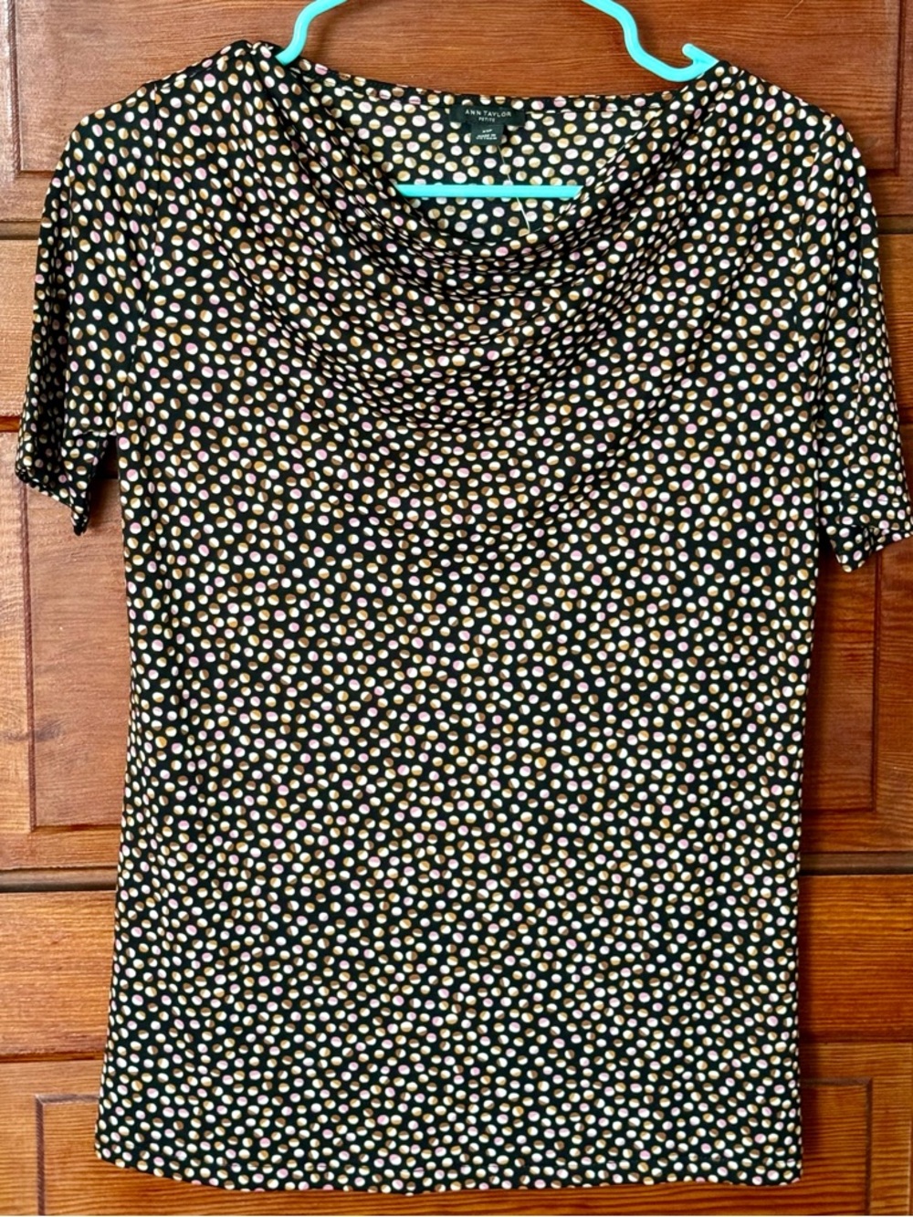 Ann Taylor Black Short Sleeve Cowl Neck Top Blouse Cream & Pink Polka Dots XSP